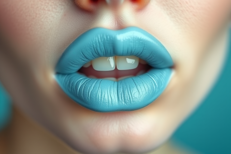 Whimsical pastel blue lips with a frosted finish, evoking a dreamy and fantastical aesthetic, ideal for creative and artistic makeup
