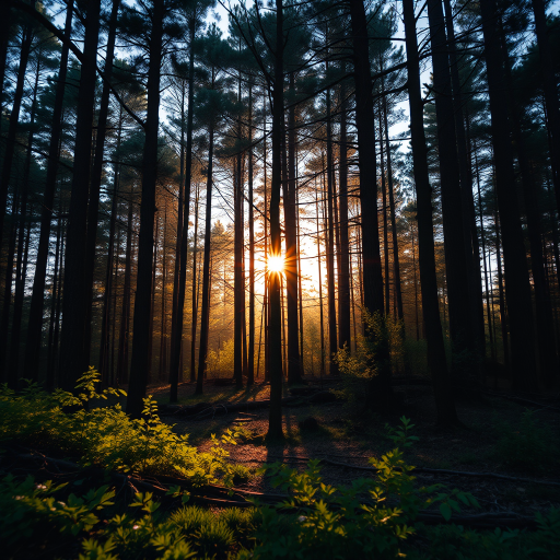 Create a high-resolution image of a serene forest landscape during golden hour with sun rays filtering through the trees, use a DSLR camera at f/8 aperture, ISO 200, 1/60 shutter speed, shot from a low angle with a wide-angle lens to capture depth and detail.