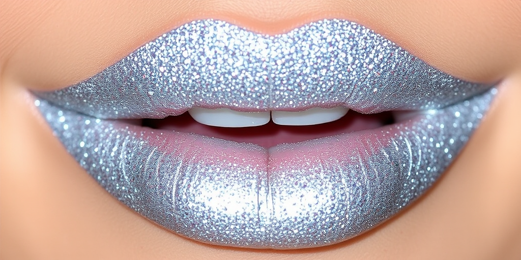 Glittery silver lips with holographic sparkles, titled "Stardust Shimmer," provide a dazzling, eye-catching look for special occasions