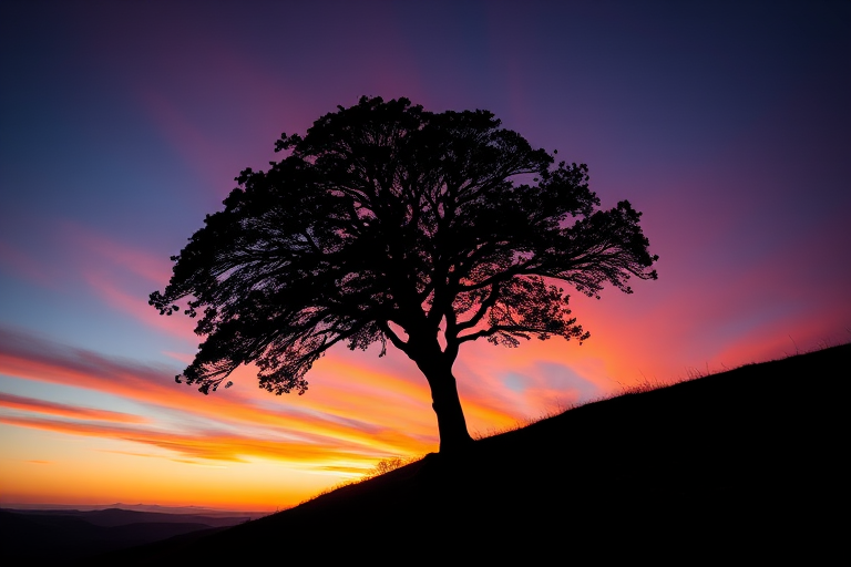 Create a high-resolution image of a silhouetted tree on a hill at sunset, using a Canon EOS 5D Mark IV, with a 50mm f/1.8 lens, aperture set to f/2.8, ISO 100, and a shutter speed of 1/200s, captured from a low angle to emphasize the height of the tree against the vibrant sky.