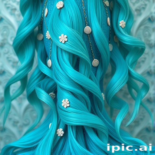 Vibrant teal mermaid waves cascade down to the waist, shimmering with iridescent highlights and adorned with delicate seashell accessories, creating an enchanting oceanic allure named Aquamarine Siren