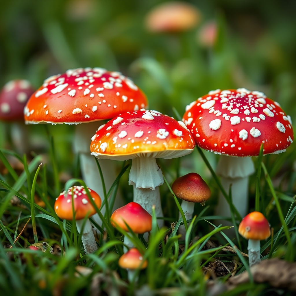 Regenerate an illustration of colorful mushrooms with vibrant red caps and white spots, surrounded by green grass and smaller mushrooms, captured using a DSLR camera with a 50mm lens, f/2.8 aperture, ISO 100, capturing soft focus and vivid colors in a close-up view.