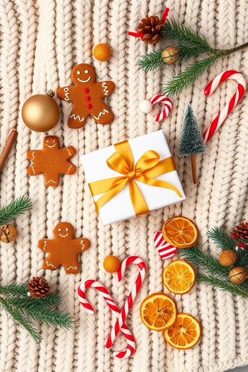 Create a cozy holiday-themed flat lay featuring a knitted beige blanket with decorative elements such as gingerbread cookies, a white gift box with a gold ribbon, a golden bauble, red and white candy canes, miniature pine trees, and dried orange slices arranged neatly to evoke a warm festive atmosphere.