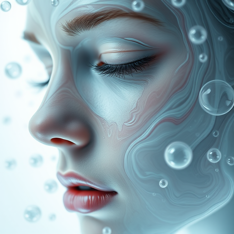 Create a hyper-realistic close-up portrait of a fluid abstract face with swirling textures and bubbles, using a Canon EOS R5, 50mm lens, f/1.8 aperture, ISO 100, soft diffused lighting to emphasize details and enhance the ethereal quality.