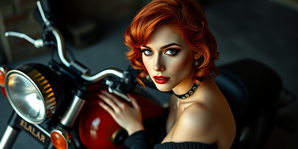 portrait of a woman in retro fashion with red hair and striking makeup, posing confidently next to a vintage motorcycle, soft dramatic lighting, camera settings: aperture f/1.8, shutter speed 1/100, ISO 200, camera view: eye level, camera style: high contrast with a touch of vintage, camera type: DSLR
