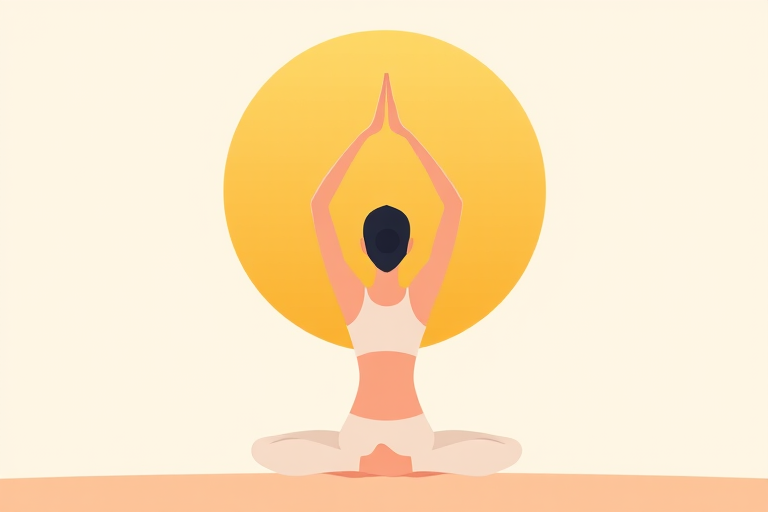 Create a minimalist illustration of a person in a yoga pose, with a large golden circle above them, using soft colors and smooth lines; captured in high resolution with a DSLR camera at f/2.8, ISO 100, in natural light, with a shallow depth of field.