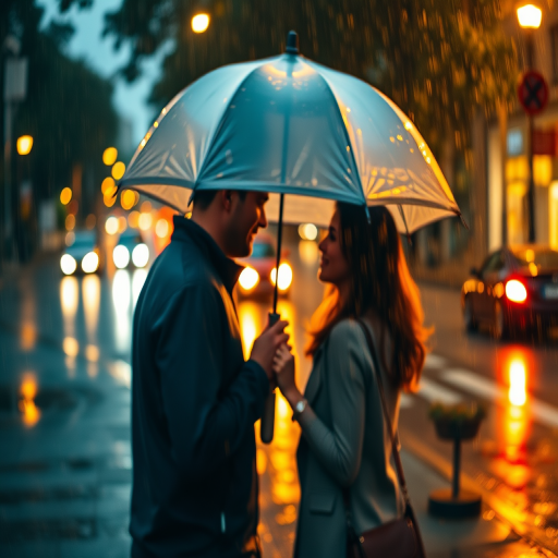 Blurry candid shot of a couple sharing an umbrella in a light drizzle, soft golden light from nearby street lamps casting long shadows on the wet pavement, with distant cars passing by in the background.