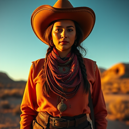 Dramatic photo of a beautiful Quechua woman, classic cowboy attire, confident and free spirit expression, half-length portrait, centered, golden hour desert landscape, warm, diffused light, low angle, medium format film camera, in style of Annie Leibovitz.