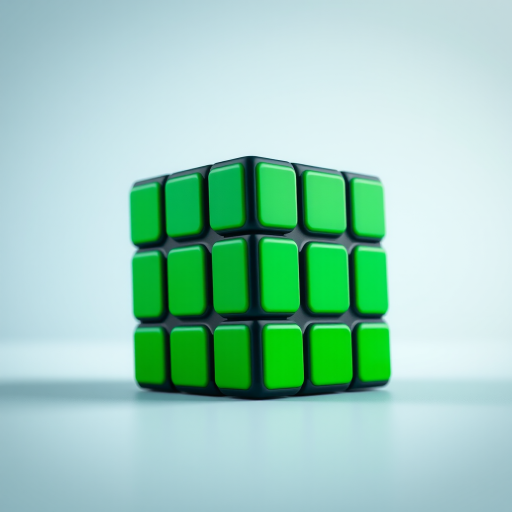Create a highly detailed, realistic 3D rendering of a green Rubik's Cube with sharp edges and vibrant colors, shot with a Canon EOS R5 at f/4, ISO 100, 1/200 sec, using a focus stacking technique for enhanced depth of field and clarity, with a soft, diffused lighting setup.