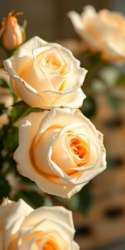 Create a high-resolution image of elegant white roses with golden accents, shallow depth of field, soft focus background, lighting set for a warm glow, 50mm lens, f/1.8 aperture, ISO 100, natural light, DSLR camera, macro photography style.
