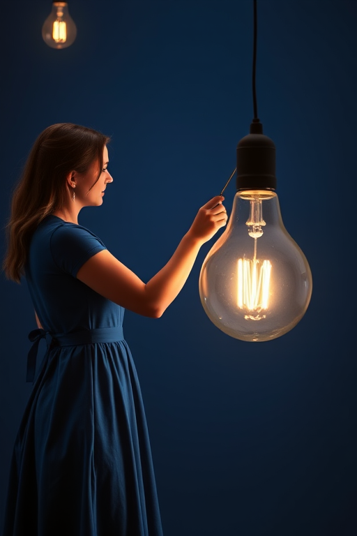 A woman in a blue dress fishing for light bulbs in a large light bulb on a dark blue background, enhanced with soft lighting, shot with a DSLR camera at f/2.8, 50mm lens, with a high dynamic range to capture details in both shadows and highlights.