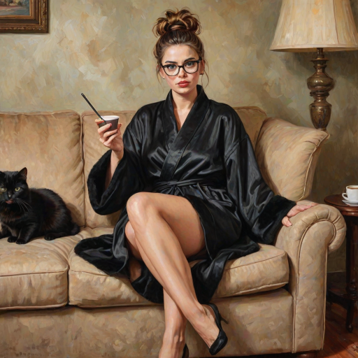The words ‘Professional Overthinker’ (exact spelling) An exaggerated whimsical illustration of a cute silly lady with unruly messy brown bun and black glasses pouty lips and a thinking expression. Shes sitting on the couch, legs folded wearing a black silk robe, black fuzzy slippers. She’s holding her coffee cup and making a deep-in-thought face.  A quirky scruffy cat (dog) looking at her against a mottled, oil painting style soft background living room setting.