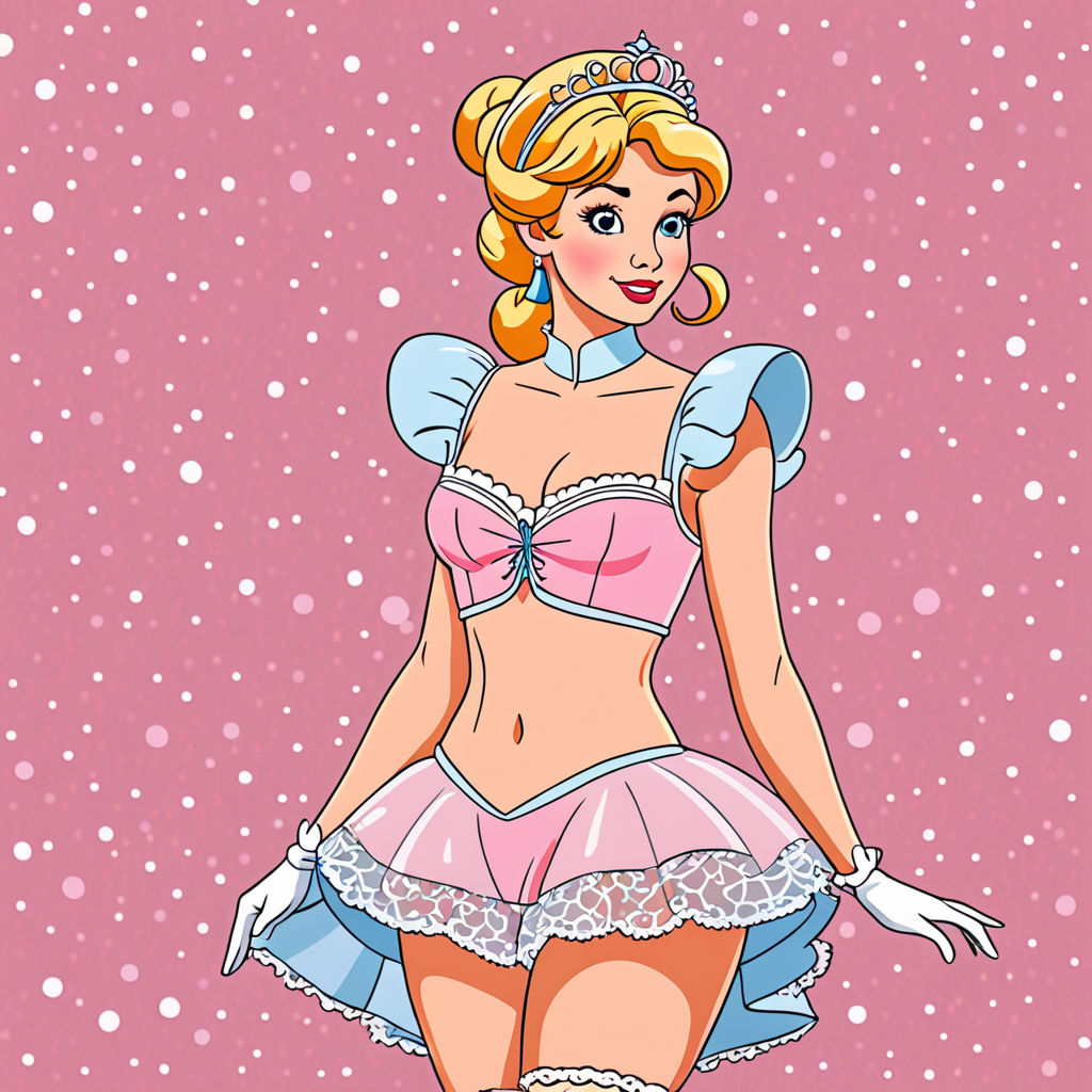 Free Ai Image Generator - High Quality and 100% Unique Images -  —  cinderella from the cartoon walks dressed in laced transparent tiny pink  maid underwear. Profile view. flat colors. Monochrom background.