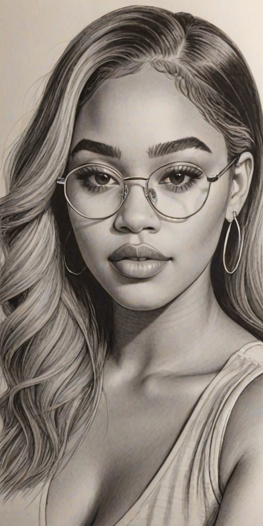 Attractive Jordyn Woods, pencil sketch, portrait of Ravishing woman 1977s in glasses, hair style beatnik, outline, clear lines, fine lines, 8k
