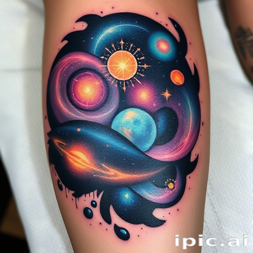 Cosmic tattoo called "Celestial Wanderer" showcasing galaxies nebulae and celestial bodies with swirling colors and glowing accents creating a mesmerizing space-inspired piece