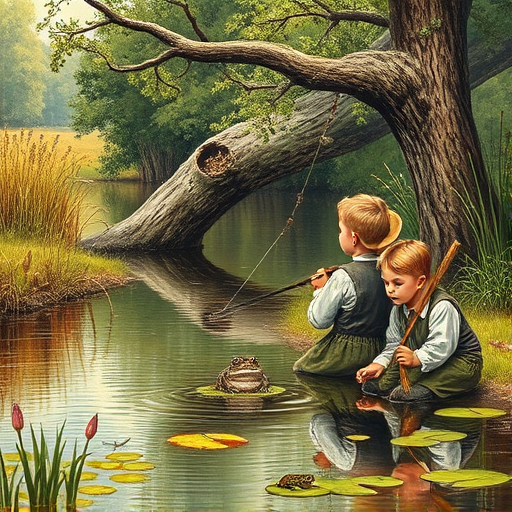 Imagine a small group of old fashioned young boys out fishing by the creek, a swing hanging from a tree branch, reeds and grasses by the water's edge, a frog sitting on a lily pad, dragonflies hovering over som water plans, a very iconic old fashioned scene reminiscent of a Norman Rockwell painting style