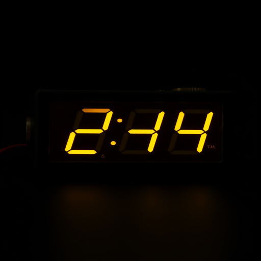 Create a high-resolution image of a digital clock displaying the time "24" in bright yellow digits on a solid black background using a DSLR camera with a 50mm lens, f/1.8 aperture, ISO 100, and a shallow depth of field for enhanced image quality.