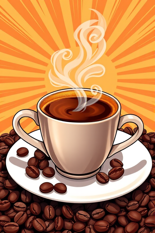 Create a high-resolution illustration of a steaming cup of coffee with swirling steam, positioned on a white saucer, surrounded by coffee beans, in a vibrant comic book style with bold sunburst background, using a Canon EOS R5 with a 50mm f/1.2 lens, aperture set at f/8, ISO 100, under bright studio lighting.