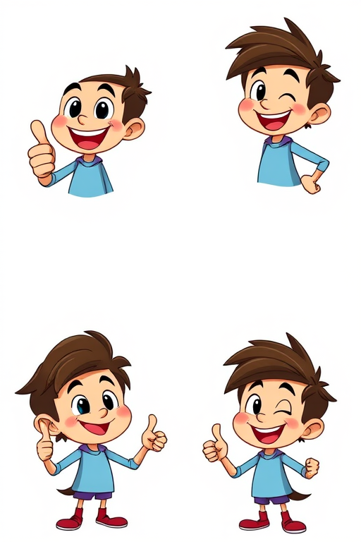 Create a vector-style image of a cartoon character with four different poses: top-left smiling and giving a thumbs up, top-right confidently gesturing, bottom-left smiling and showing thumbs up, bottom-right with a playful expression; use vibrant colors and a clean background; settings: ISO 100, aperture f/8, shutter speed 1/200s; camera type: digital art software rendering.