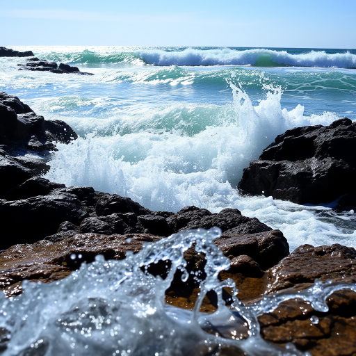 photograph of ocean waves crashing against rocky shore with splashes of water in foreground, sunny day, captured with a DSLR camera, aperture f/8, shutter speed 1/500s, ISO 100, wide-angle lens, low angle view, natural lighting