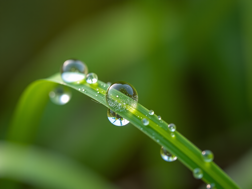 macro shot of dewdrops on a green blade of grass, f/2.8 aperture, 1/200 sec shutter speed, ISO 100, 50mm lens, natural light, shallow depth of field, DSLR camera