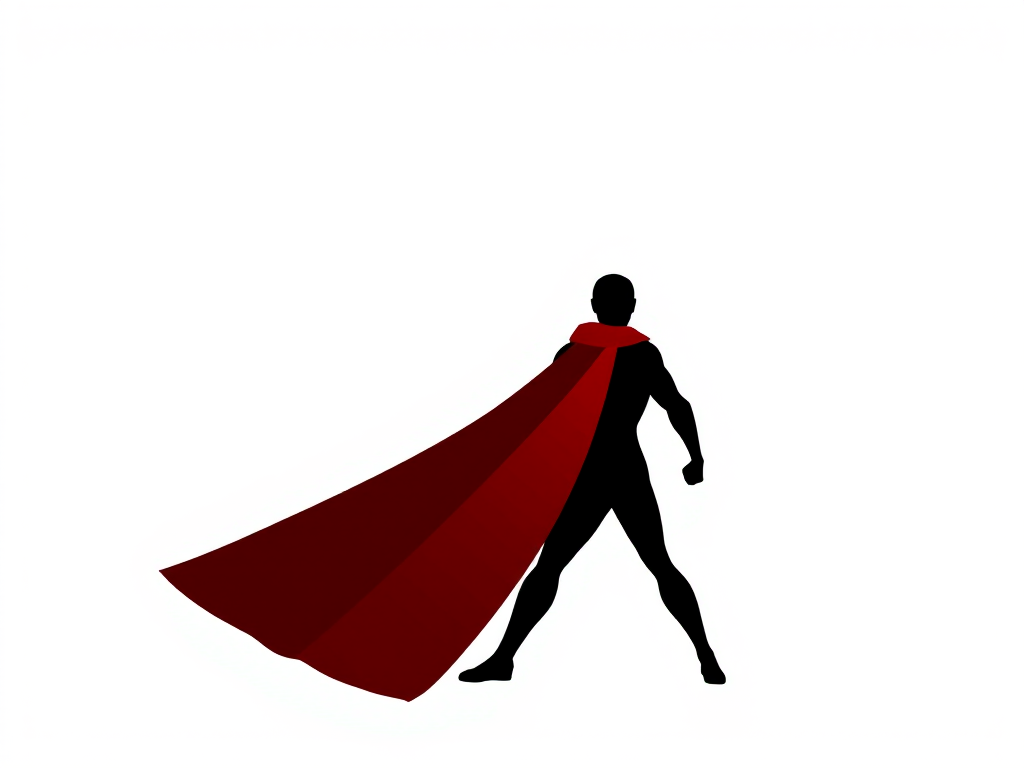 Create an illustration of a simplistic superhero figure with a flowing red cape, dynamic pose, solid black silhouette, high contrast, sharp edges, on a plain white background, captured with a DSLR camera at f/2.8 aperture, ISO 100, 50mm lens, using a softbox for even lighting.