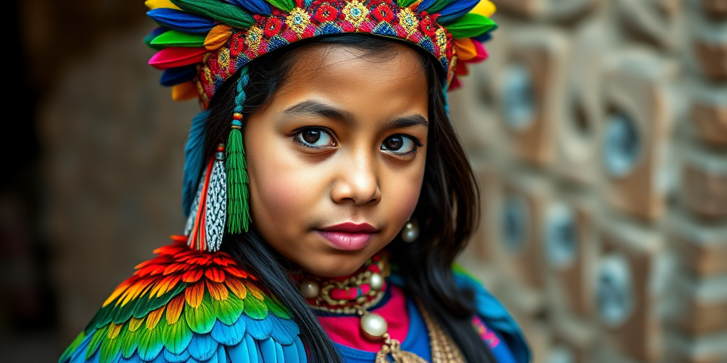 A beautiful Quechua girl, wearing colorful bird clothing with vibrant colors