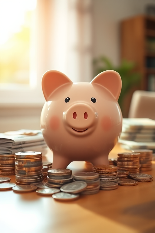 A cute piggy bank smiling surrounded by stacks of coins and cash on a wooden table with sunlight streaming in through a window, shot with a 50mm lens at f/2.8, ISO 100, soft focus background, natural lighting, using a DSLR camera.