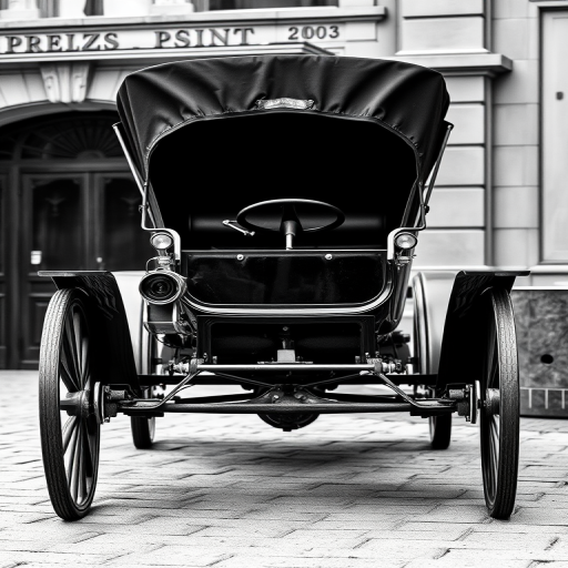Regenerate a vintage-style black and white image of the Benz Patent Motorwagen with high contrast and sharp detail, using a DSLR camera, 50mm lens, aperture f/2.8, ISO 100, and a monochrome filter for enhanced clarity and texture.