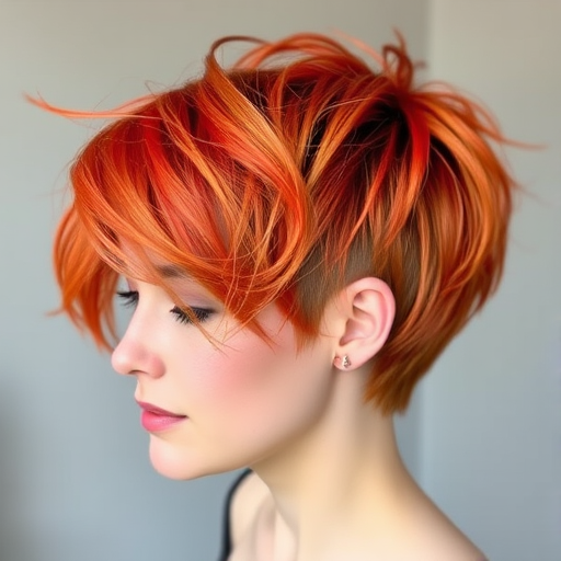 Fiery orange pixie cut with choppy layers and subtle red lowlights, styled to resemble flickering flames dancing in the wind, exuding passionate energy called Phoenix Flare
