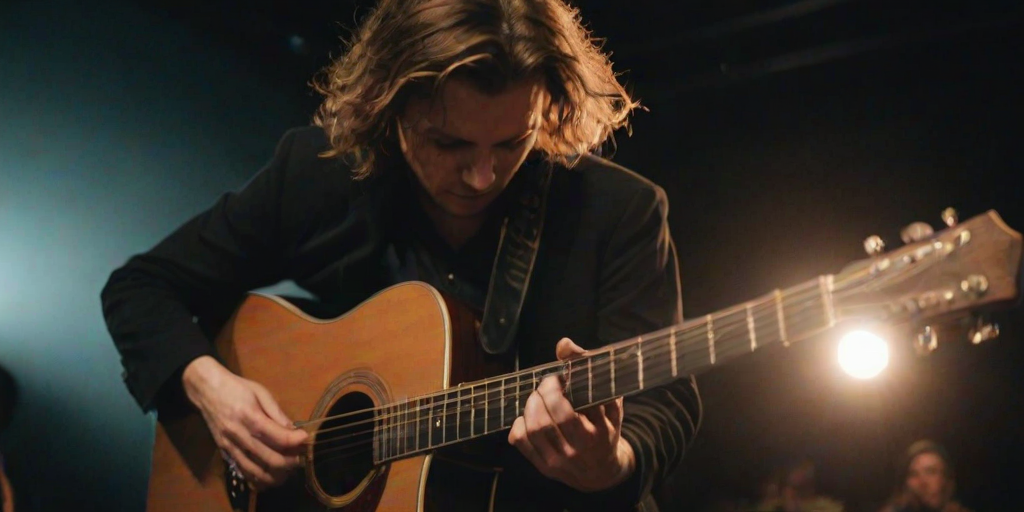 Blurry action shot of a musician strumming an acoustic guitar on a dimly lit stage, soft focus on the motion of their fingers, distant audience members watching with rapt attention.