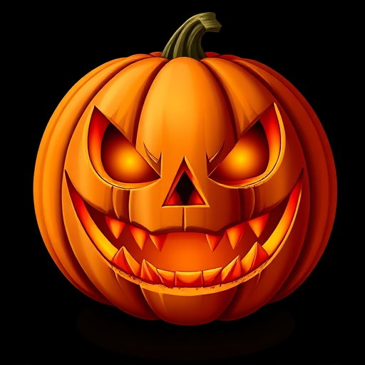 Create a high-resolution illustration of a spooky carved pumpkin with an exaggerated grin and sharp teeth, in vibrant orange colors on a black background, using a DSLR camera with a 50mm lens, aperture set to f/2.8 for a shallow depth of field, captured in a close-up view with soft lighting to enhance texture and details.