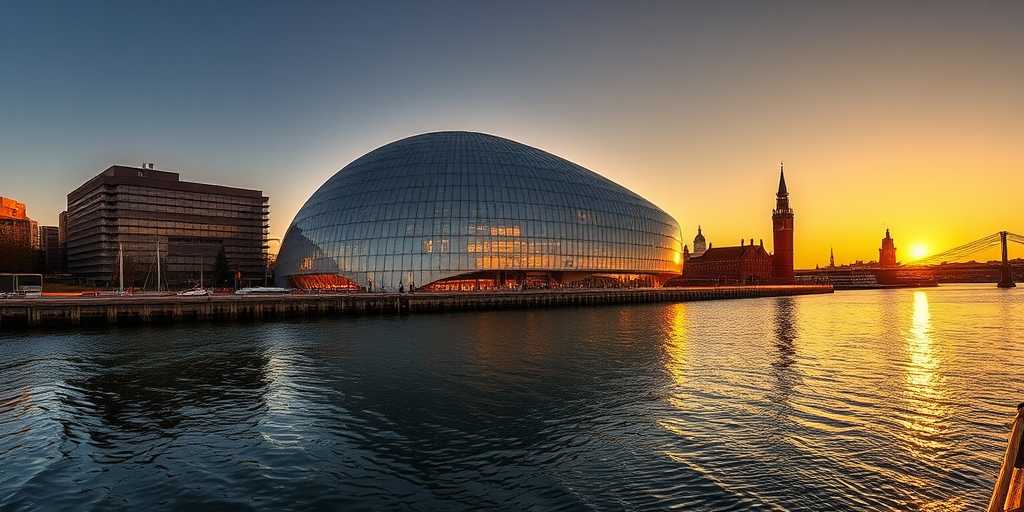 capture the Elbphilharmonie in Hamburg with a 35mm lens, f/8 aperture, ISO 100, shot in HDR style during golden hour with a wide-angle view from the waterfront to enhance clarity and detail in the reflections.