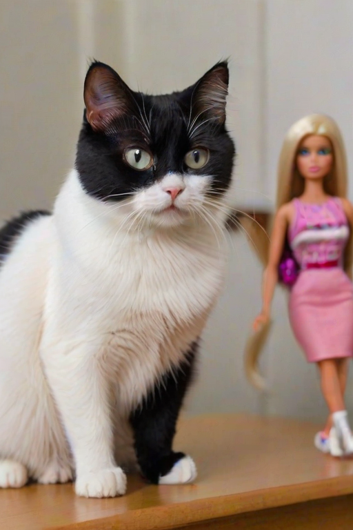 A close-up photograph of a white and black cat sitting on a table, with Barbies standing beside it. The cat's tail is curled beside it, and its predominantly white face shows a distinctive expression, resembling a domestic shorthair, with slightly squinted eyes that convey frustration. The cat sits grumpily, seemingly unimpressed by the presence of Barbies.