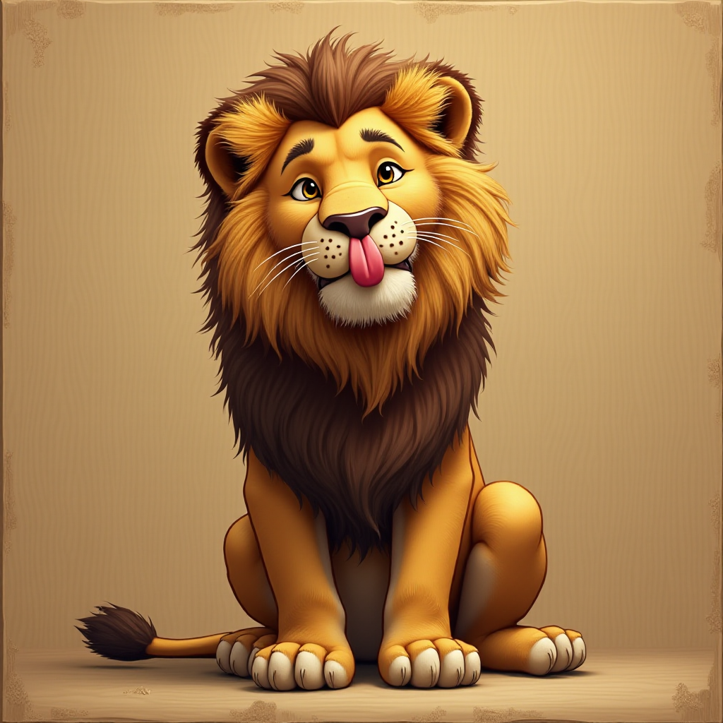 photorealism. a lion, sitting, doing duck face with its lips. plain wood panel bg