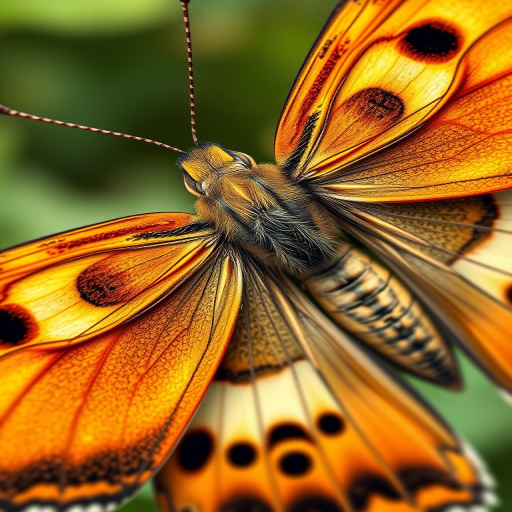 Create a detailed illustration of a butterfly, focus on intricate wing patterns and textures, use a macro lens with a 100mm focal length, aperture set to f/2.8, ISO 100, shot in natural light from a top-down angle to emphasize the symmetry and vibrant colors of the wings.