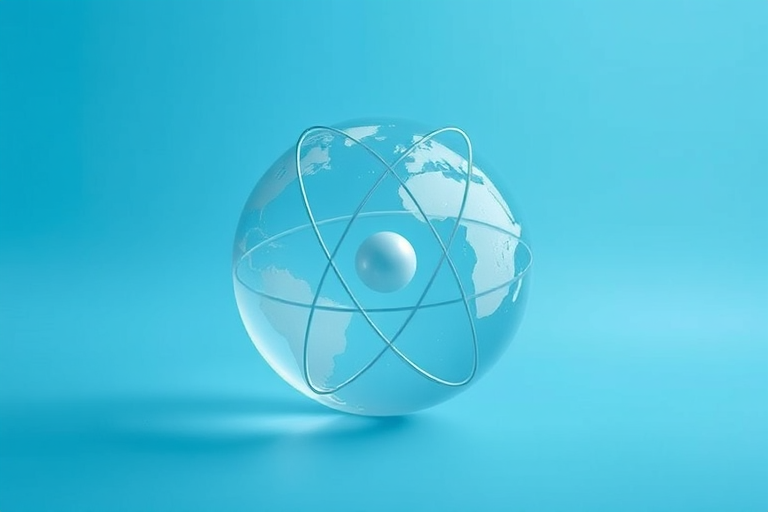 Create a high-resolution image of a transparent atom symbol encircling a globe, centered on a smooth blue background, using a DSLR camera with a 50mm lens, aperture set to f/1.8, ISO 100, and a slight vignette effect to enhance depth.