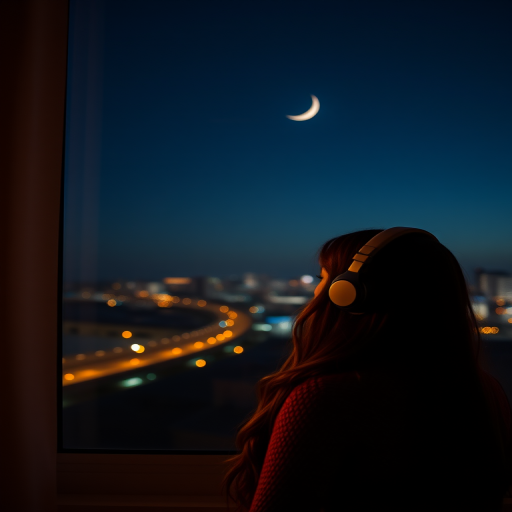 create a cozy nighttime scene of a girl with headphones gazing out a window with city lights and a crescent moon, soft warm lighting, shot with a full-frame camera, f/1.8 aperture, ISO 200, 50mm lens, natural light style, capturing a serene atmosphere