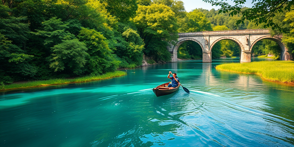 regenerate a serene river scene with lush greenery and a stone bridge in the background, a person paddling a small boat on the vibrant blue water, use a Canon EOS 5D Mark IV, aperture f/8, shutter speed 1/125s, ISO 100, wide-angle lens, shot from a low angle to emphasize the depth of the landscape