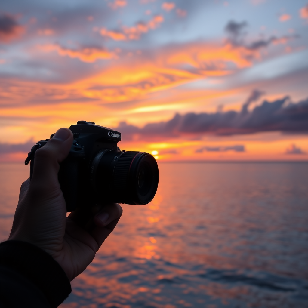 Create a high-resolution image of a serene sunset over a calm ocean using a DSLR camera with a 50mm lens, aperture set to f/8, ISO 100, and a shutter speed of 1/125s, capturing the vibrant colors of the sky reflected on the water with a wide-angle view.