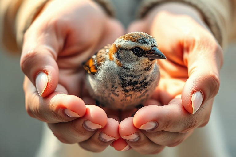 Create a detailed illustration of a sparrow being gently held in two hands, use a Canon EOS R5 with a 50mm f/1.2 lens, aperture set to f/2.8 for shallow depth of field, ISO 100, and natural soft lighting to enhance the texture, with a slight vignette effect for emphasis on the subject.
