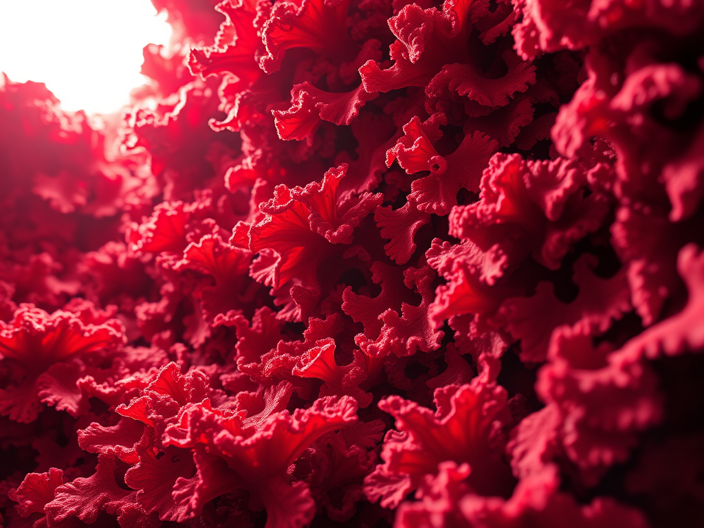 Generate a high-resolution abstract image featuring intricate red organic forms and textures illuminated by a bright light source from the upper left, using a Canon EOS 5D Mark IV with a 24-70mm f/2.8 lens, aperture set to f/8, ISO 100, at a focal length of 35mm, with a wide-angle view to capture more depth and detail.