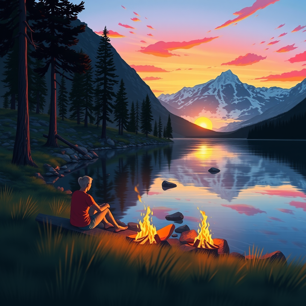 Create a vibrant sunset landscape illustration featuring a person sitting by a tranquil lake with a campfire, surrounded by mountains and pine trees, captured with a DSLR camera at f/8 aperture, ISO 100, 1/125 second shutter speed, using a wide-angle lens for depth and clarity, with a soft focus on the foreground for enhanced atmosphere.