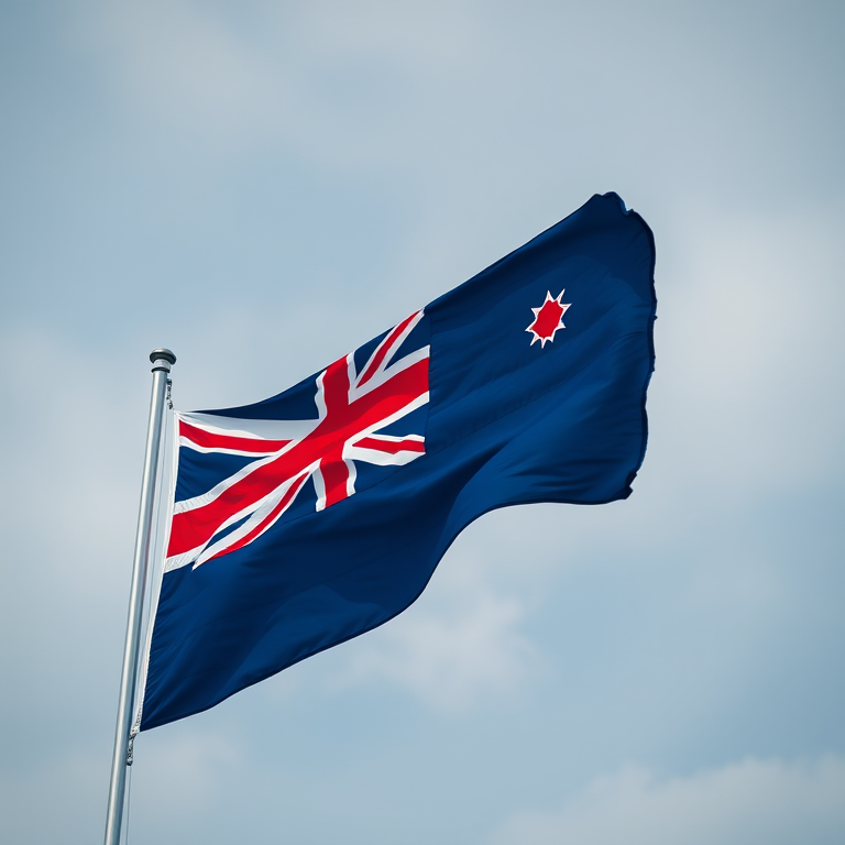 Create a high-resolution image of the New Zealand flag waving in the wind, captured with a Canon EOS R5 at 50mm, f/2.8, ISO 100, using a soft-focus background for enhanced clarity and detail.