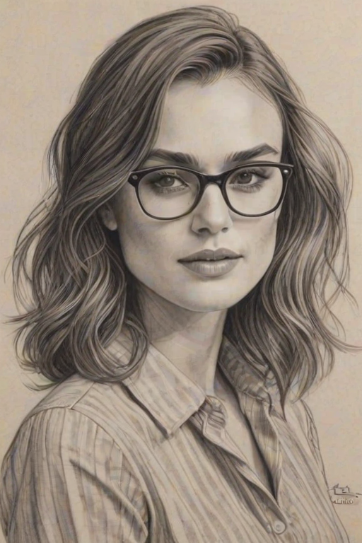 Beauteous Keira Knightley, pencil sketch, portrait of Dazzling woman 1941s in glasses, hair style beatnik, outline, clear lines, fine lines, 8k