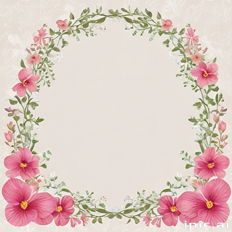 Delicate Floral Frame Design Featuring Pink Flowers and Green Leaves