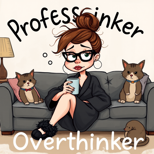 The words ‘Professional Overthinker’ (exact spelling) An exaggerated whimsical illustration of a cute silly lady with unruly messy brown bun and black glasses pouty lips and a thinking expression. Shes sitting on the couch, legs folded wearing a black silk robe, black fuzzy slippers. She’s holding her coffee cup and making a deep-in-thought face.  A quirky scruffy cat (dog) looking at her against a mottled, oil painting style soft background living room setting.