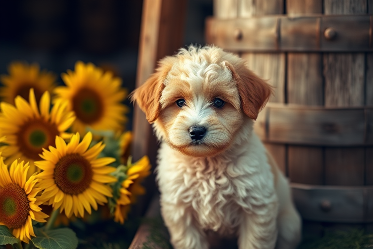 Create a soft-focus portrait of a fluffy, curly-haired puppy standing beside a barrel of sunflowers, with warm, natural lighting, aperture set to f/1.8 for a shallow depth of field, ISO 200 for low grain, using a DSLR camera with a 50mm lens.