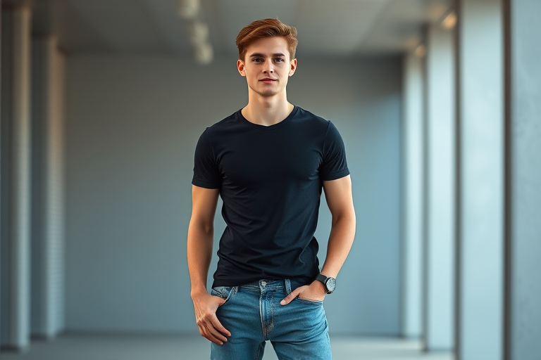 Create a realistic image of a young man standing casually, wearing a fitted black t-shirt and loose jeans, captured in soft natural lighting with a focal length of 50mm, aperture set to f/2.8, ISO 100, using a full-frame DSLR camera with a shallow depth of field to enhance background blur and subject focus.
