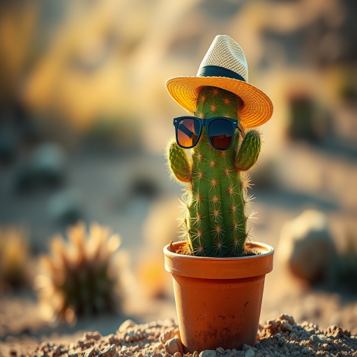 A well-lit cactus wearing sunglasses and a straw hat in a terracotta pot on a desert landscape, shallow depth of field, 50mm lens, f/2.8 aperture, ISO 100, natural sunlight.
